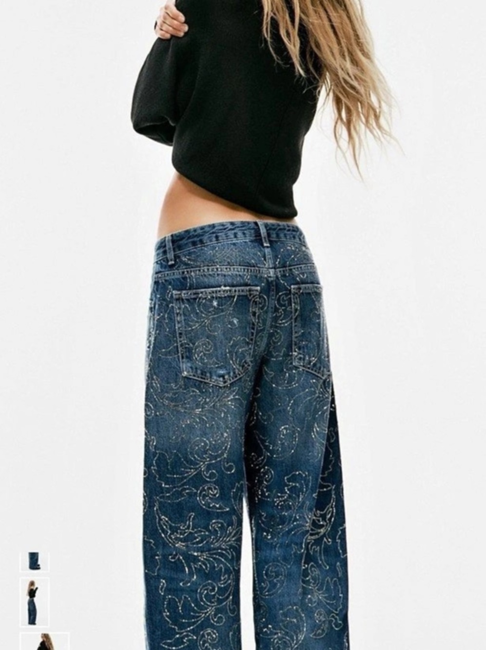 Zara TRF Mid Rise Rinestone Baggy Denim Jeans Wide Leg Blue